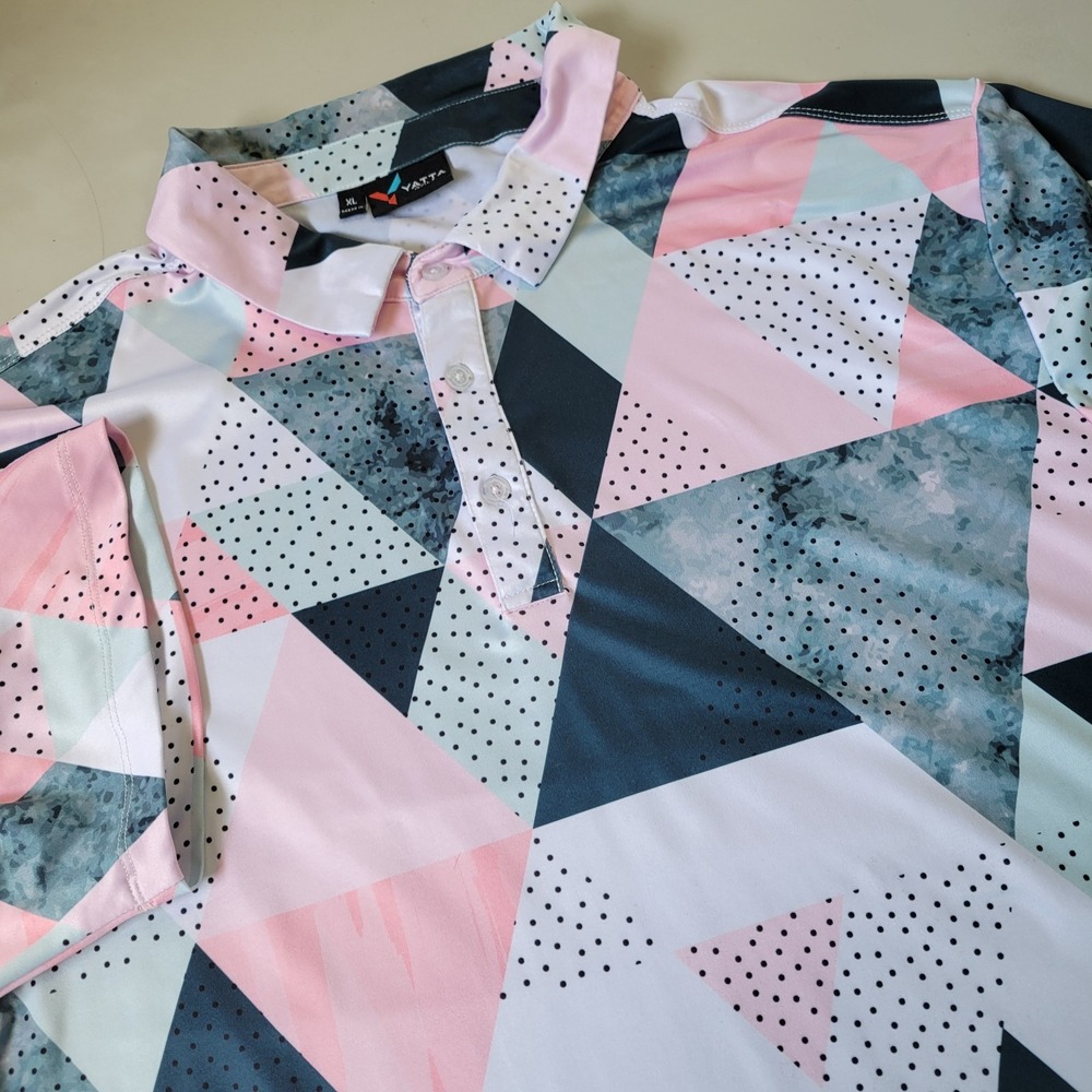Yatta Men's XL Pink Black Prisim Triangle Print Polyester Short Sleeve Golf Polo
